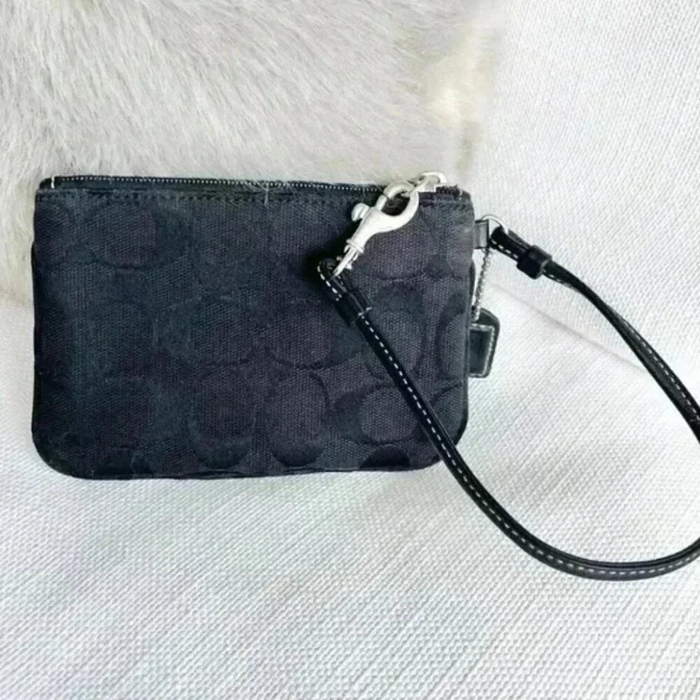 Coach Black Monogram Jacquard Leather Wristlet Wallet Small Designer Bag